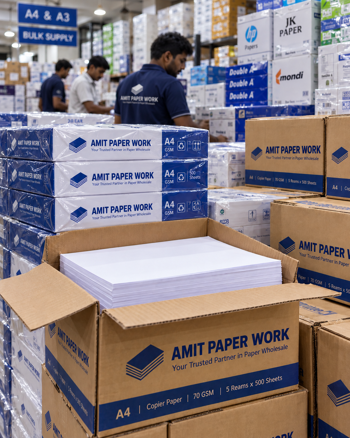 Amit Paper Work 5-ream master cartons stacked securely on warehouse pallets
