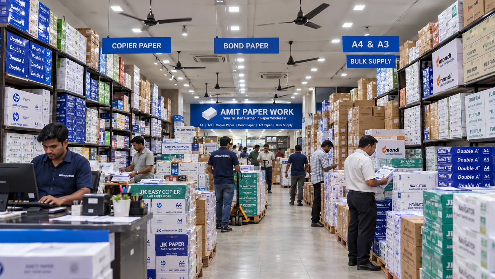 Amit Paper Work central paper warehouse and inventory aisle in Guwahati